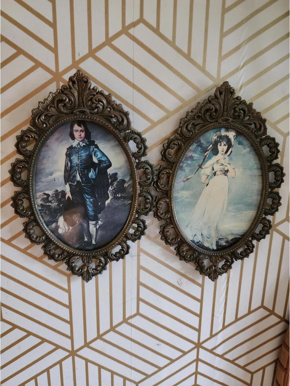 Vintage 7" Ornate Brass Florentine Italian Frames Boy Blue and Pinky